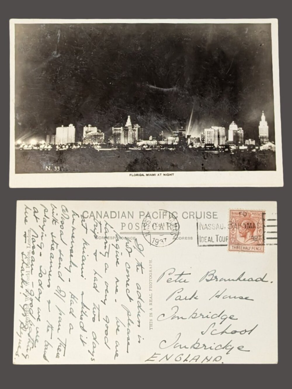 POSTCARD SALE 10/$20 Postmarked 1937 Miami at Night Real Photo Postcard RPPC